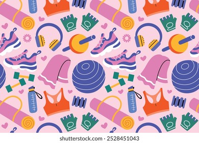 Colorful sports pattern with gym equipment, women accessories and fitness items. Vector illustration in flat cartoon style. Perfect for workout, active lifestyle, gym, female sports shoes, dumbbells