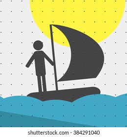 Colorful sports poster-style minimalism flat for commercial websites. The athlete sails on a sailing boat, sailing. Vector illustration