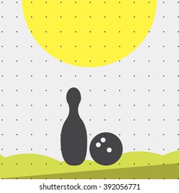 Colorful sports poster-style minimalism flat for commercial websites. The attributes for the bowling ball and pins. Vector illustration