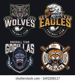 Colorful sports teams logos collection with crossed baseball clubs soccer balls angry wolf eagle gorilla tiger mascots in vintage style isolated vector illustration