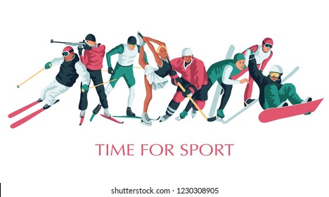 Colorful sportsmen, athletes set. Winter sport. Hockey, biathlon, snowboarding, skating, ice skiing, figure, freestyle. Vector illustration