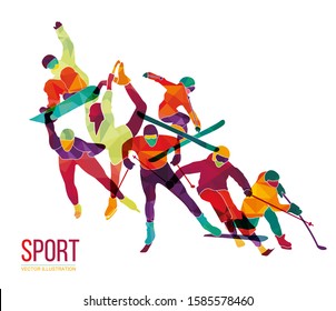 Colorful sportsmen, athletes set. Winter sport. Hockey, biathlon, snowboarding, skating, ice skiing, figure, freestyle. Vector illustration