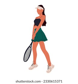 Colorful sportswoman big tennis player. Professional sports female holding racket and hitting ball isolated on white. Girl character in trendy sportswear