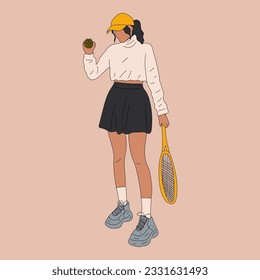 Colorful sportswoman big tennis player. Professional sports female holding racket and hitting ball. Girl character in trendy sportswear
