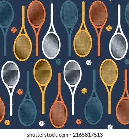 Patrón sin fisuras del vector deportivo colorido. Ilustración de accesorios de tenis. Elemento de diseño digital de estilo plano. Fondo vector simple con bolas y raquetas