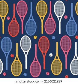 Colorful sporty vector seamless pattern. Tennis accessories illustration. Flat style digital design element. Simple vector background with balls and rackets