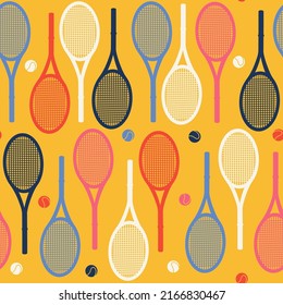 Colorful sporty vector seamless pattern. Tennis accessories illustration. Flat style digital design element. Simple vector background with balls and rackets