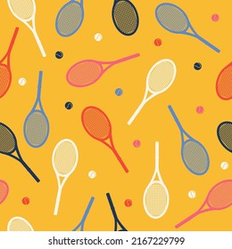Colorful sporty vector seamless pattern. Tennis accessories illustration. Flat style digital design element. Simple vector background with balls and rackets
