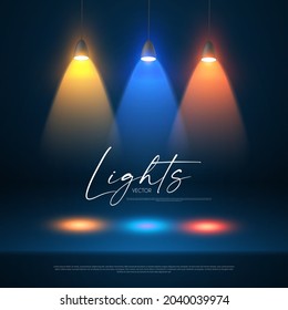 Colorful spotlight and empty scene. Light effect presentation design. Showcase element.