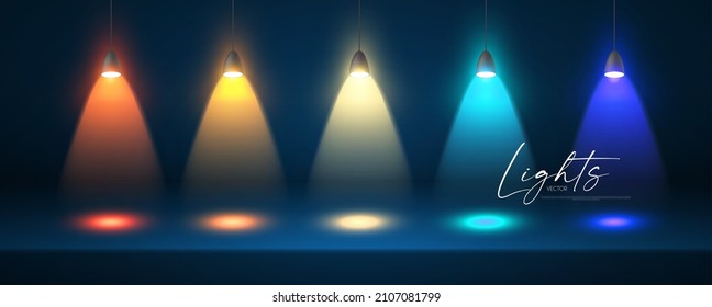 Colorful spotlight and empty scene. Light effect presentation design. Showcase element.