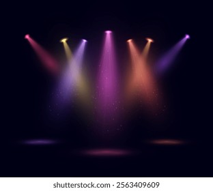 Colorful Spotlight. Light sources, colorful concert lighting, stage spotlights. Spotlight beam with bright flickering light effect. Vector