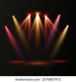 Colorful Spotlight. Light sources, colorful concert lighting, stage spotlights. Spotlight beam with bright flickering light effect. Vector