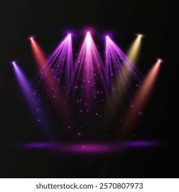 Colorful Spotlight. Light sources, colorful concert lighting, stage spotlights. Spotlight beam with bright flickering light effect. Vector