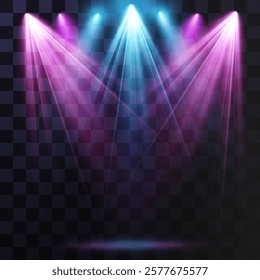 Colorful Spotlight. Light sources, colorful concert lighting, stage spotlights. Spotlight beam with bright flickering light effect. Vector