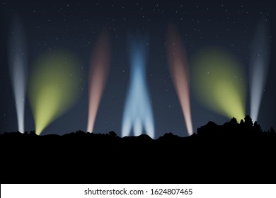 Colorful spotlights in the night sky. outer disco. Vector illustration. Dark forest.