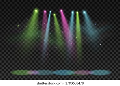 Colorful spotlights for party isolated on a dark transparent background. Elements for show and stage. Festive background. Night disco. Vector illustration. EPS 10.