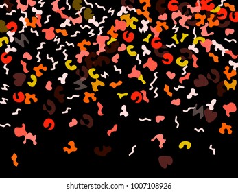 Colorful spots. Black background. Abstract print pattern. Vector illustration for celebration, party, holiday, invitation and Your project. Chaotic Decor. Modern Creative Style.
