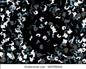 Colorful spots. Black background. Abstract print pattern. Vector illustration for celebration, party, holiday, invitation and Your project. Chaotic Decor. Modern Creative Style.