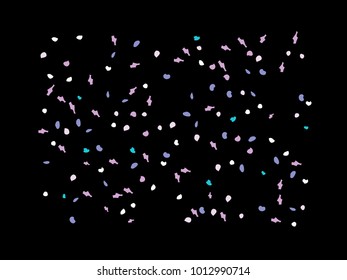 Colorful spots. Black background. Abstract print pattern. Vector illustration for celebration, party, holiday, invitation and Your project. Chaotic Decor. Modern Creative Style.