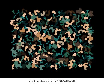 Colorful spots. Black background. Abstract print pattern. Vector illustration for celebration, party, holiday, invitation and Your project. Chaotic Decor. Modern Creative Style.