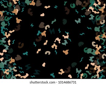 Colorful spots. Black background. Abstract print pattern. Vector illustration for celebration, party, holiday, invitation and Your project. Chaotic Decor. Modern Creative Style.