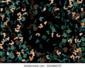 Colorful spots. Black background. Abstract print pattern. Vector illustration for celebration, party, holiday, invitation and Your project. Chaotic Decor. Modern Creative Style.