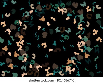 Colorful spots. Black background. Abstract print pattern. Vector illustration for celebration, party, holiday, invitation and Your project. Chaotic Decor. Modern Creative Style.