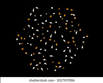 Colorful spots. Black background. Abstract print pattern. Vector illustration for celebration, party, holiday, invitation and Your project. Chaotic Decor. Modern Creative Style.