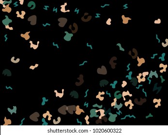Colorful spots. Black background. Abstract print pattern. Vector illustration for celebration, party, holiday, invitation and Your project. Chaotic Decor. Modern Creative Style.