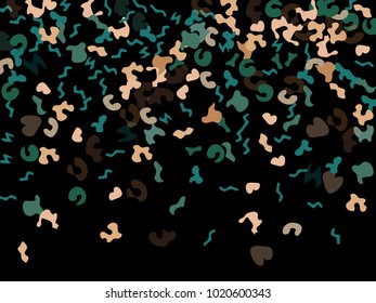 Colorful spots. Black background. Abstract print pattern. Vector illustration for celebration, party, holiday, invitation and Your project. Chaotic Decor. Modern Creative Style.