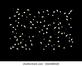 Colorful spots. Black background. Abstract print pattern. Vector illustration for celebration, party, holiday, invitation and Your project. Chaotic Decor. Modern Creative Style.