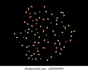 Colorful spots. Black background. Abstract print pattern. Vector illustration for celebration, party, holiday, invitation and Your project. Chaotic Decor. Modern Creative Style.
