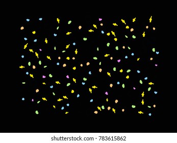 Colorful spots. Black background. Abstract print pattern. Vector illustration for celebration, party, holiday, invitation and Your project. Chaotic Decor. Modern Creative Style.