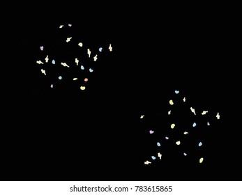 Colorful spots. Black background. Abstract print pattern. Vector illustration for celebration, party, holiday, invitation and Your project. Chaotic Decor. Modern Creative Style.