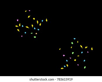 Colorful spots. Black background. Abstract print pattern. Vector illustration for celebration, party, holiday, invitation and Your project. Chaotic Decor. Modern Creative Style.