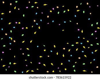 Colorful spots. Black background. Abstract print pattern. Vector illustration for celebration, party, holiday, invitation and Your project. Chaotic Decor. Modern Creative Style.
