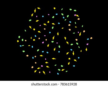 Colorful spots. Black background. Abstract print pattern. Vector illustration for celebration, party, holiday, invitation and Your project. Chaotic Decor. Modern Creative Style.