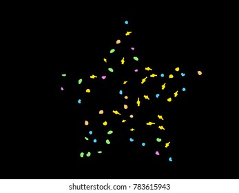 Colorful spots. Black background. Abstract print pattern. Vector illustration for celebration, party, holiday, invitation and Your project. Chaotic Decor. Modern Creative Style.