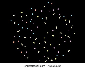 Colorful spots. Black background. Abstract print pattern. Vector illustration for celebration, party, holiday, invitation and Your project. Chaotic Decor. Modern Creative Style.