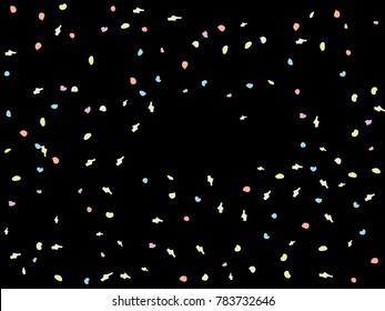 Colorful spots. Black background. Abstract print pattern. Vector illustration for celebration, party, holiday, invitation and Your project. Chaotic Decor. Modern Creative Style.