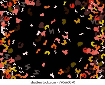 Colorful spots. Black background. Abstract print pattern. Vector illustration for celebration, party, holiday, invitation and Your project. Chaotic Decor. Modern Creative Style.