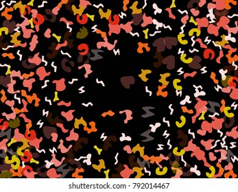 Colorful spots. Black background. Abstract print pattern. Vector illustration for celebration, party, holiday, invitation and Your project. Chaotic Decor. Modern Creative Style.