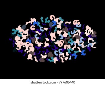 Colorful spots. Black background. Abstract print pattern. Vector illustration for celebration, party, holiday, invitation and Your project. Chaotic Decor. Modern Creative Style.