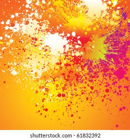 Colorful spots and sprays on orange background. Vector illustration.