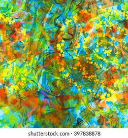 Colorful spots, squares, wavy lines. Randomly mixed. Abstract seamless vector pattern. Easy editable. The effect of blur and watercolors.