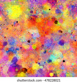 Colorful spots and triangles. The original texture of the for fabric, home design, book covers, wrapping paper. Seamless vector background. Abstract pattern. Watercolor effect
