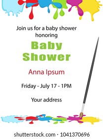 The colorful spots,splashes of liquid paints and paint brush.Bright colorful pattern, baby shower invitation, birth, party, arrival.Colored border,frame greeting card.Isolated,white background.Vector
