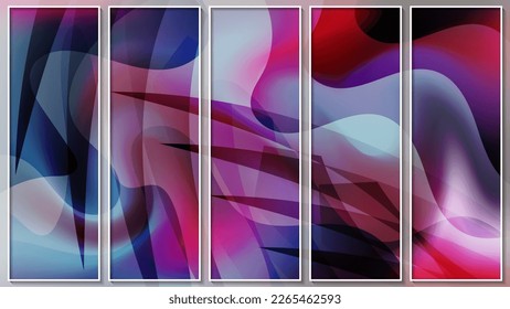 Panel abstracto con manchas coloridas. Combinación aleatoria de formas onduladas translúcidas de colores mixtos. Cinco imágenes en marcos finos blancos. Vector.