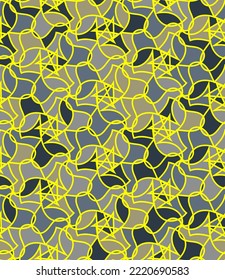Colorful spotted mesh seamless pattern. Broken and smooth lines form a grid on a gray-beige mottled surface.Vector illustration for print, fabric, cover, packaging,  and other your projects.