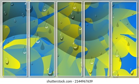 Colorful spotted panel with 3D effect. Transparent drops and wavy stripes against the background of a colorful yellow-blue surface. Vector.
